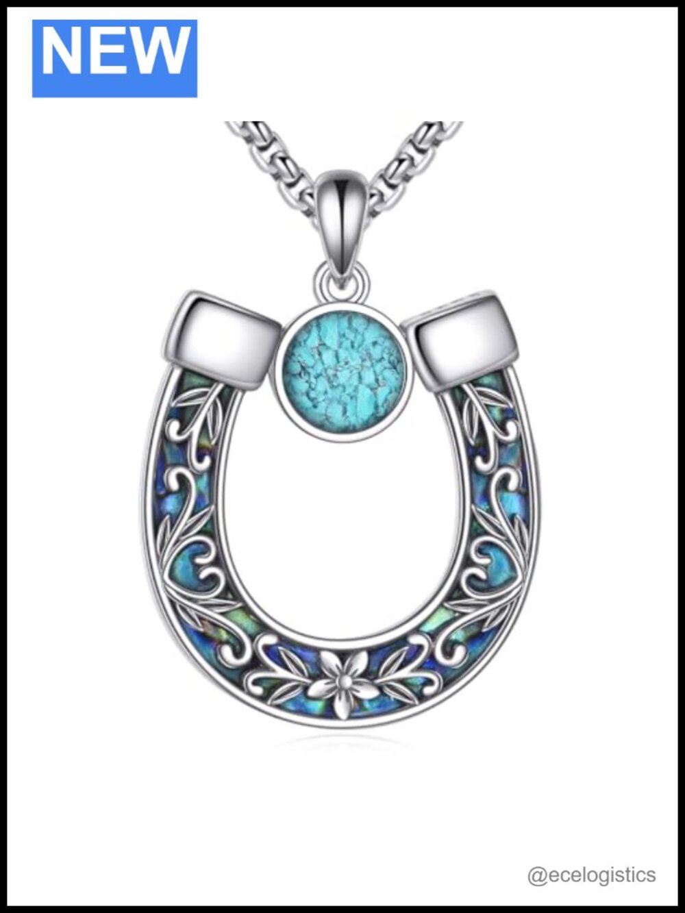 Horseshoe Necklace 925 Sterling Silver Filigree Turquoise Abalone Pendant